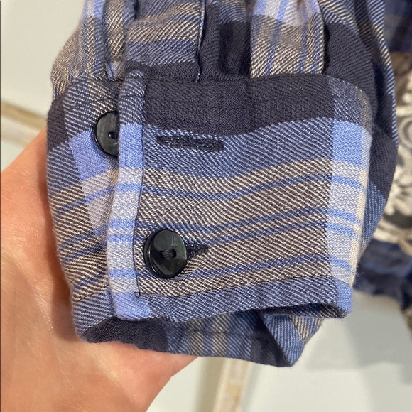 LOGO by Lori Goldstein Blue Plaid Button Down Shirt with Cream Lace - Picture 4 of 8